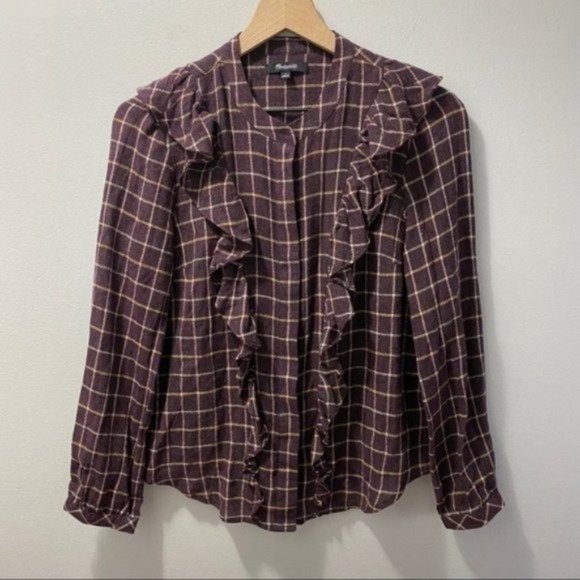 Madewell Purple Plaid Windowpane Ruffle-Front Blouse Classic Preppy - Picture 2 of 11